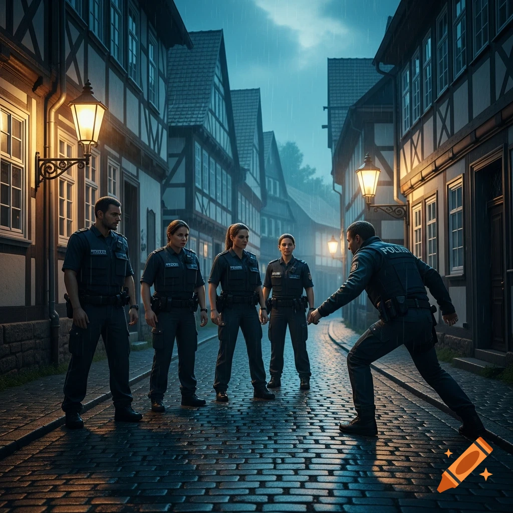 Five police officers, one facing away in a ready stance, confront four others in a rainy, narrow cobblestone street lined with traditional half-timbered buildings at night, under glowing street lamps. Photorealistic.