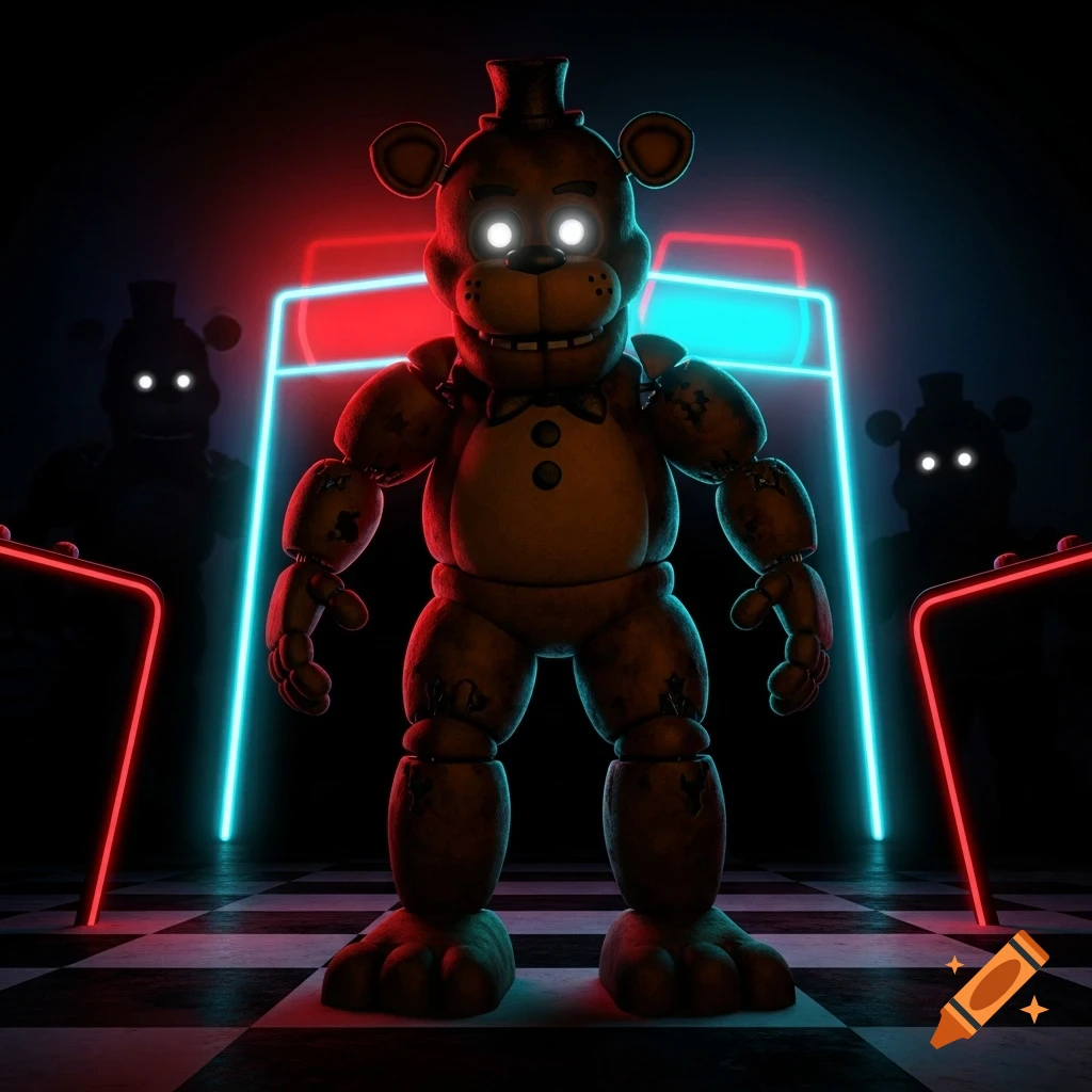 A brown animatronic bear with glowing white eyes stands in a dark room with neon red and blue lights, with two shadowy figures in the background.