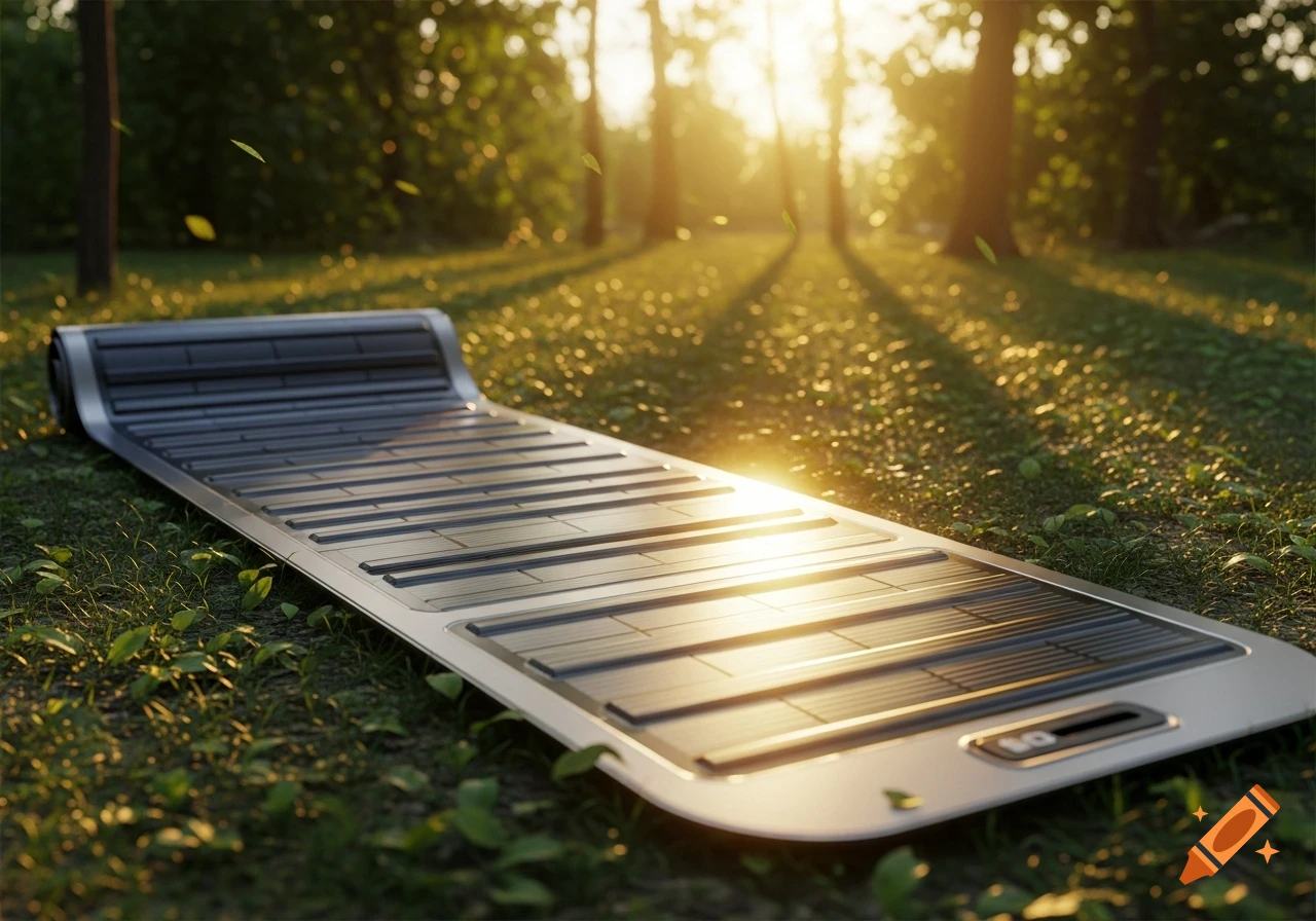 A sleek, modern mat with integrated solar panels lies on grassy ground in a sun-dappled forest at sunset, photorealistic.