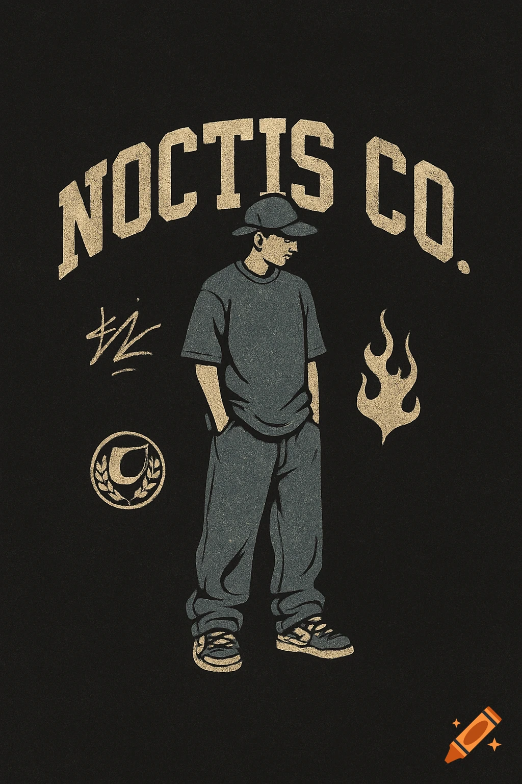 A stylized streetwear graphic featuring a person in baggy clothes with "NOCTIS CO." text and a flame motif.