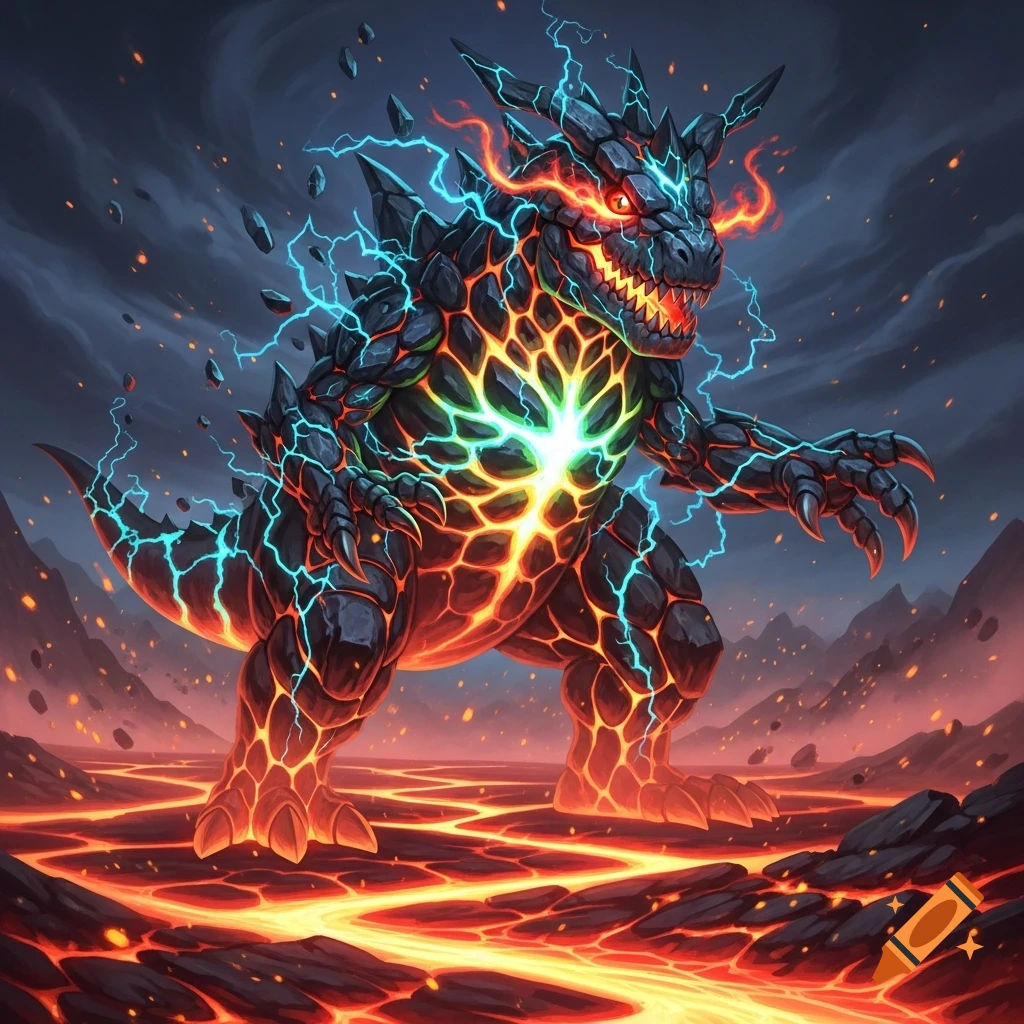 A powerful, dark rock and lava monster with glowing blue lightning and red eyes stands in a volcanic landscape.