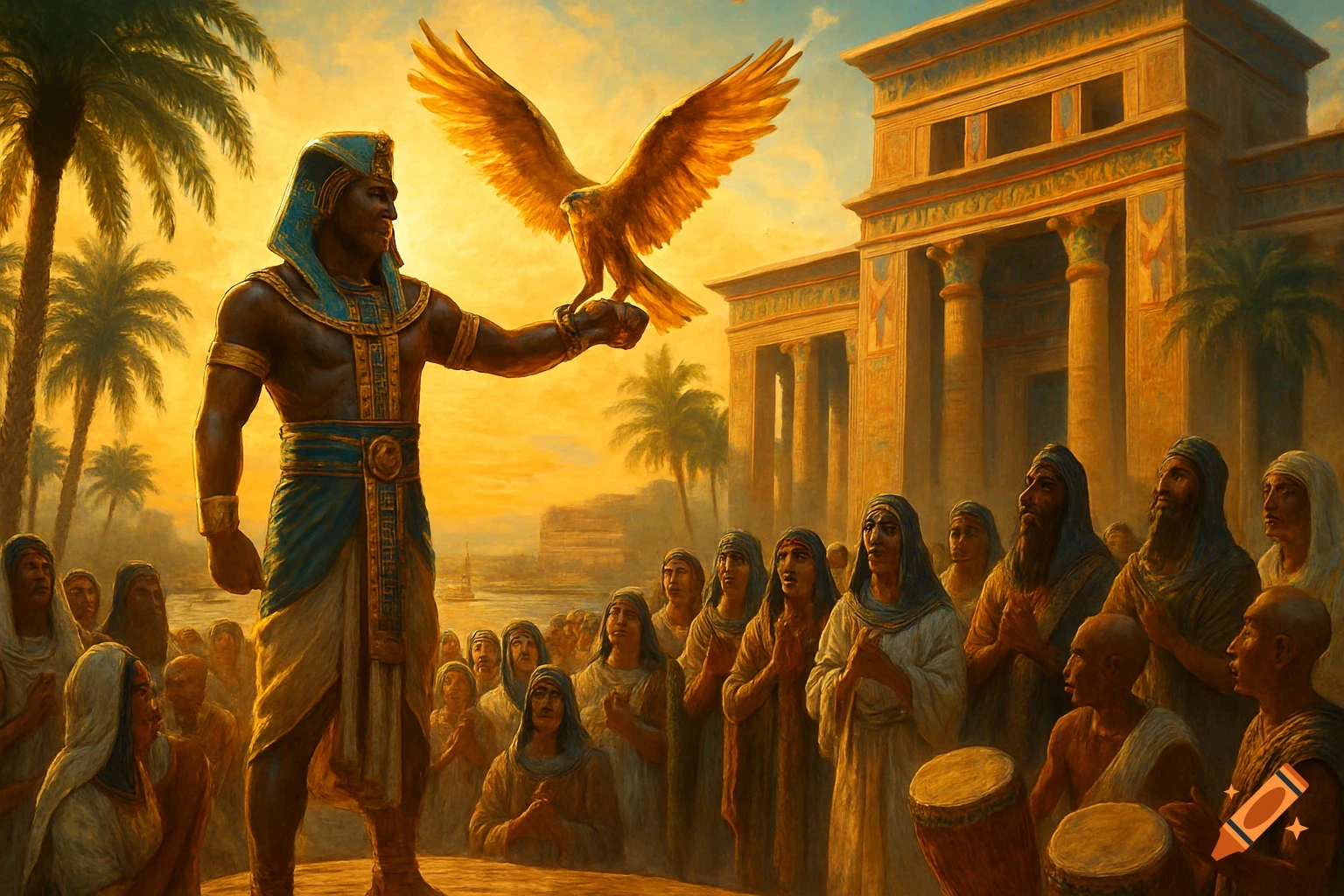 An ancient Egyptian pharaoh stands with a golden eagle on his arm, addressing a crowd before a grand temple at sunset in a painterly style.
