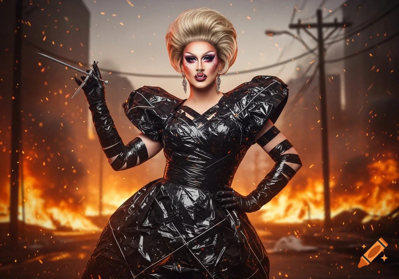 A drag queen in a voluminous blonde wig and black duct tape dress, holding a sharp object, stands against a fiery, post-apocalyptic cityscape.