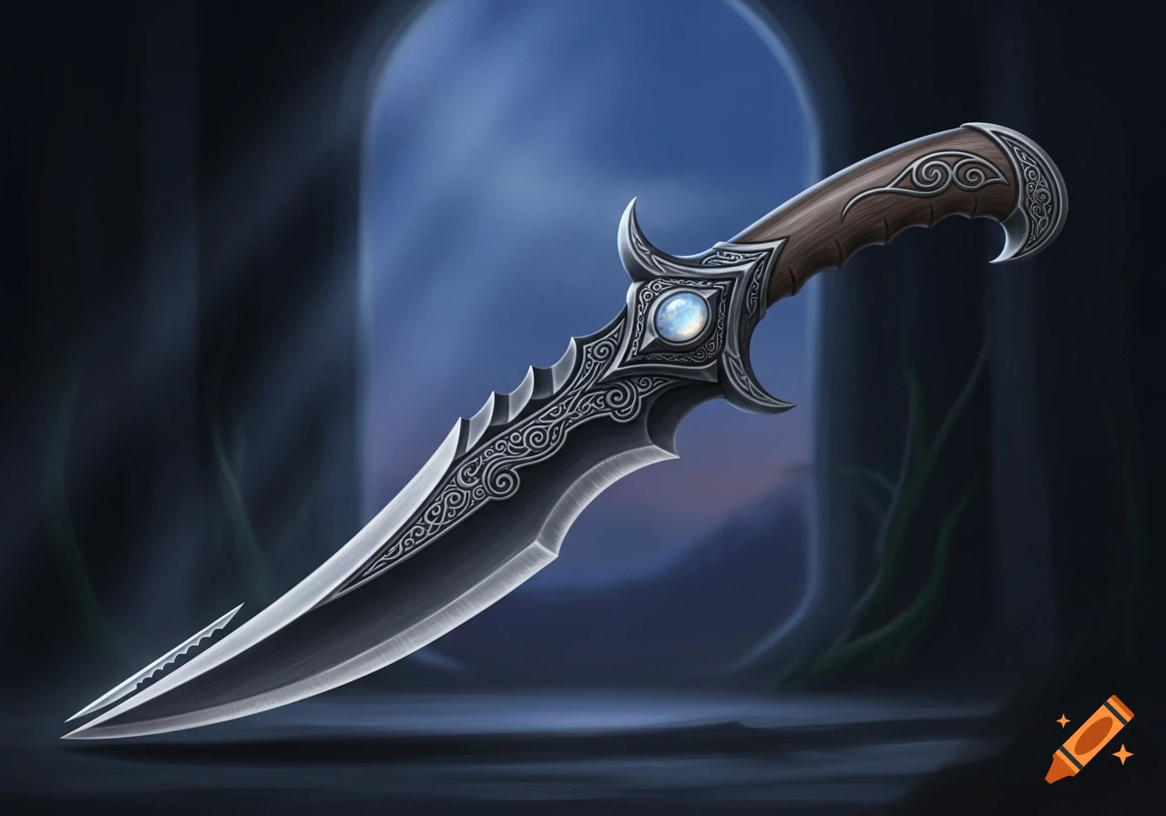 Ornate dark elf-themed fantasy dagger with a kukri-like blade, intricate patterns, and a glowing gem, on a dark, mysterious background.
