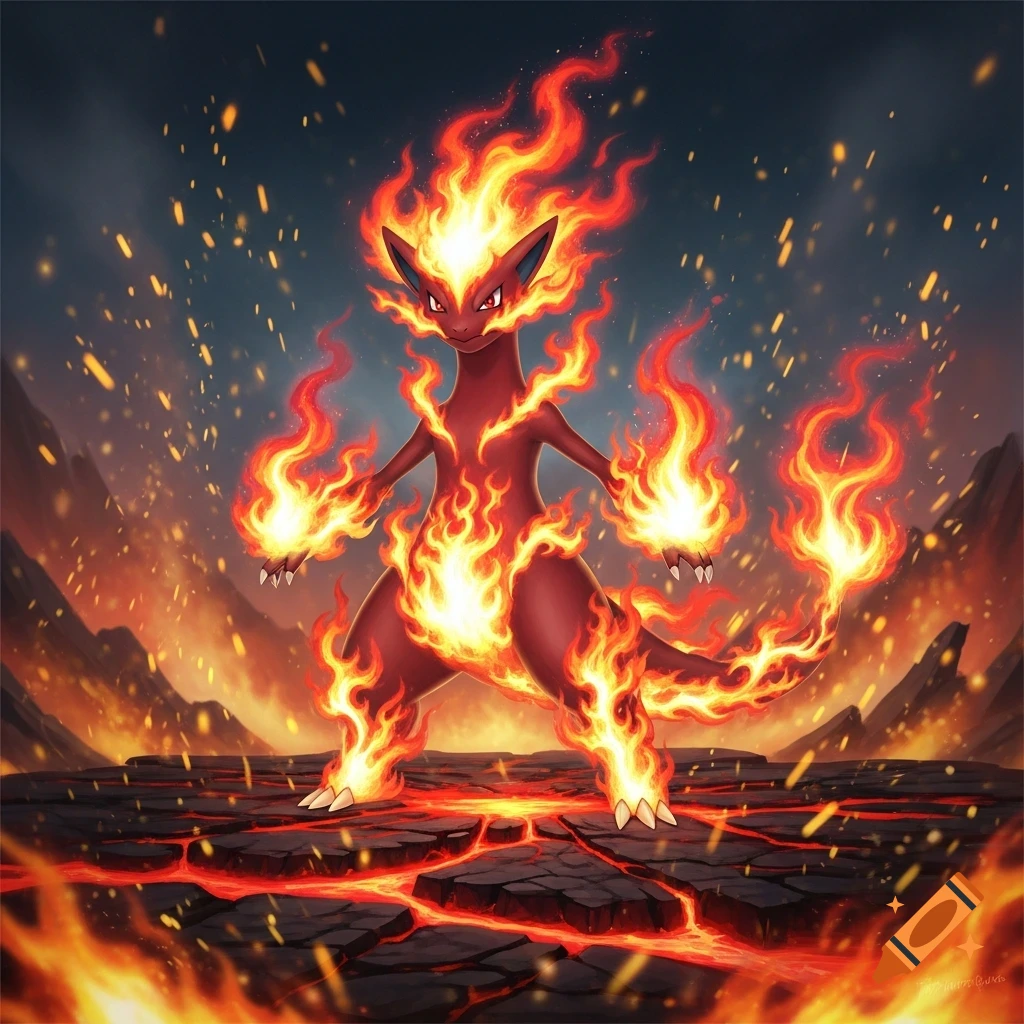 A red, fox-like fire Pokemon creature stands on cracked, glowing lava ground, surrounded by flames and sparks.