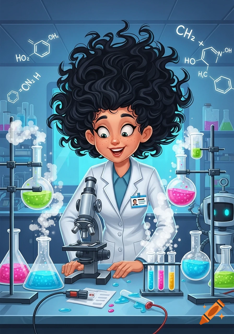 A smiling cartoon scientist with curly black hair in a lab coat looks at a microscope in a bright laboratory, surrounded by colorful beakers, test tubes, and floating chemical formulas.