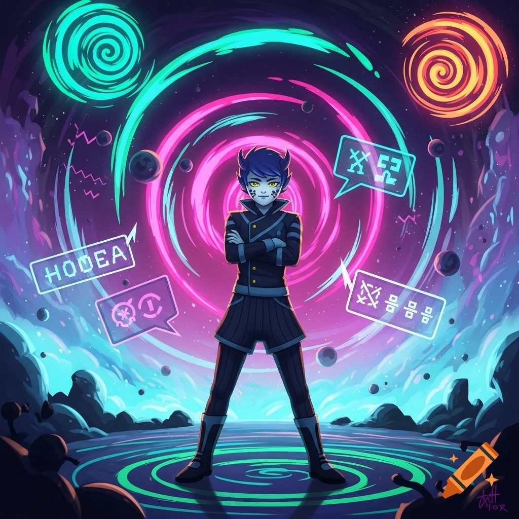 A stylized character with blue hair and yellow eyes stands with crossed ...