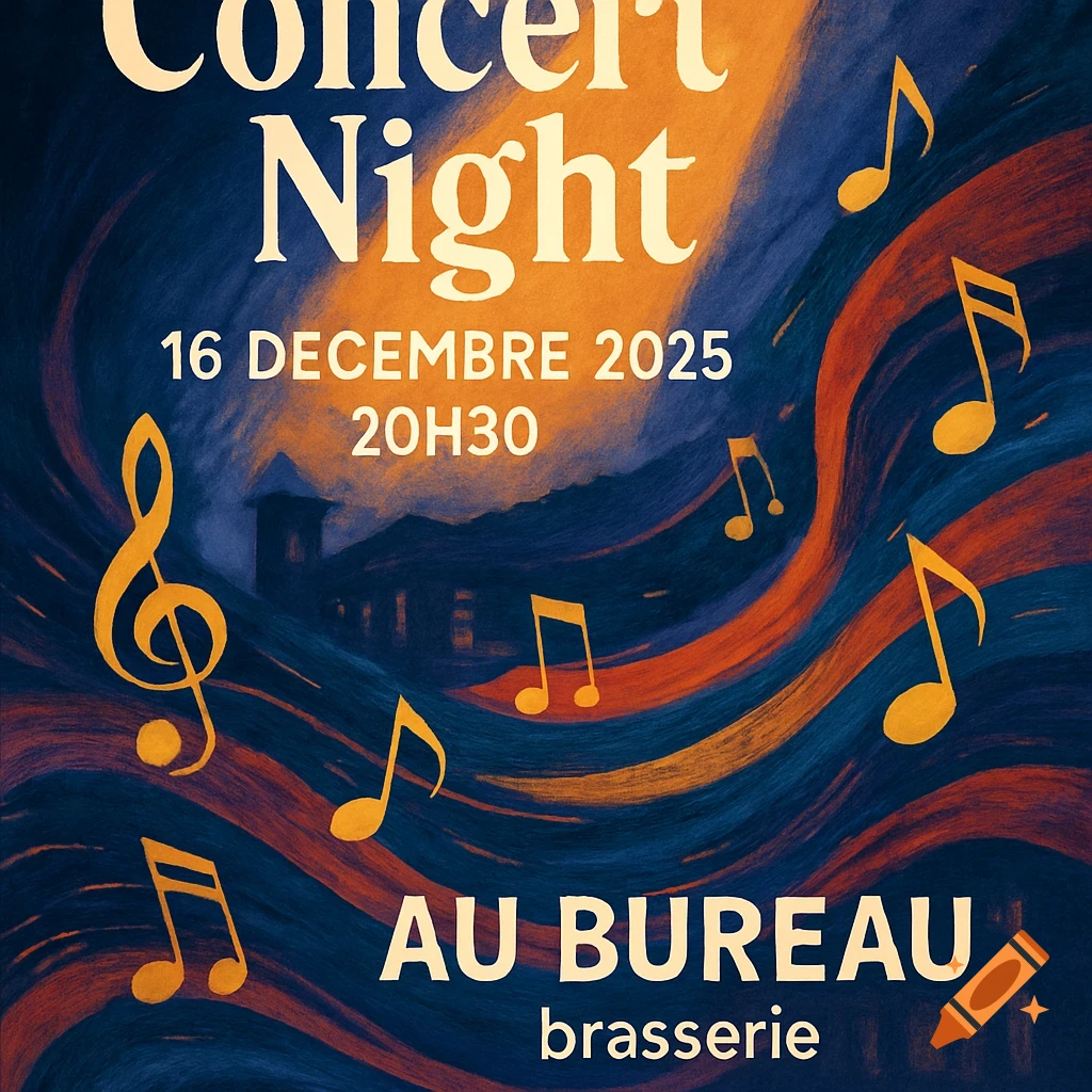 A concert poster with a dark blue and orange background, featuring the text "Concert Night," "16 DECEMBRE 2025," "20H30," and "AU BUREAU brasserie." Musical notes and a treble clef float around a silhouetted building.