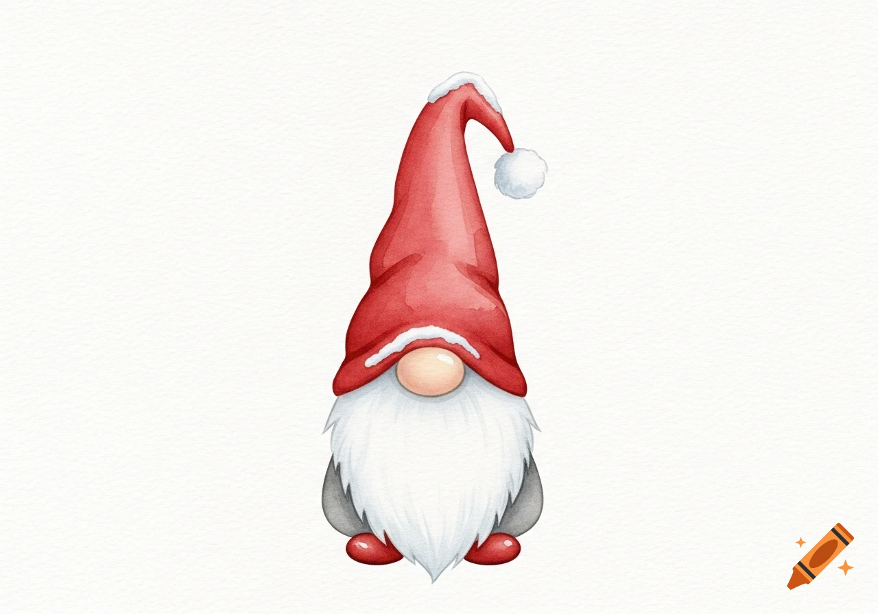 A simple watercolor illustration of a Christmas gnome with a tall red hat, white beard, and white pom-pom.