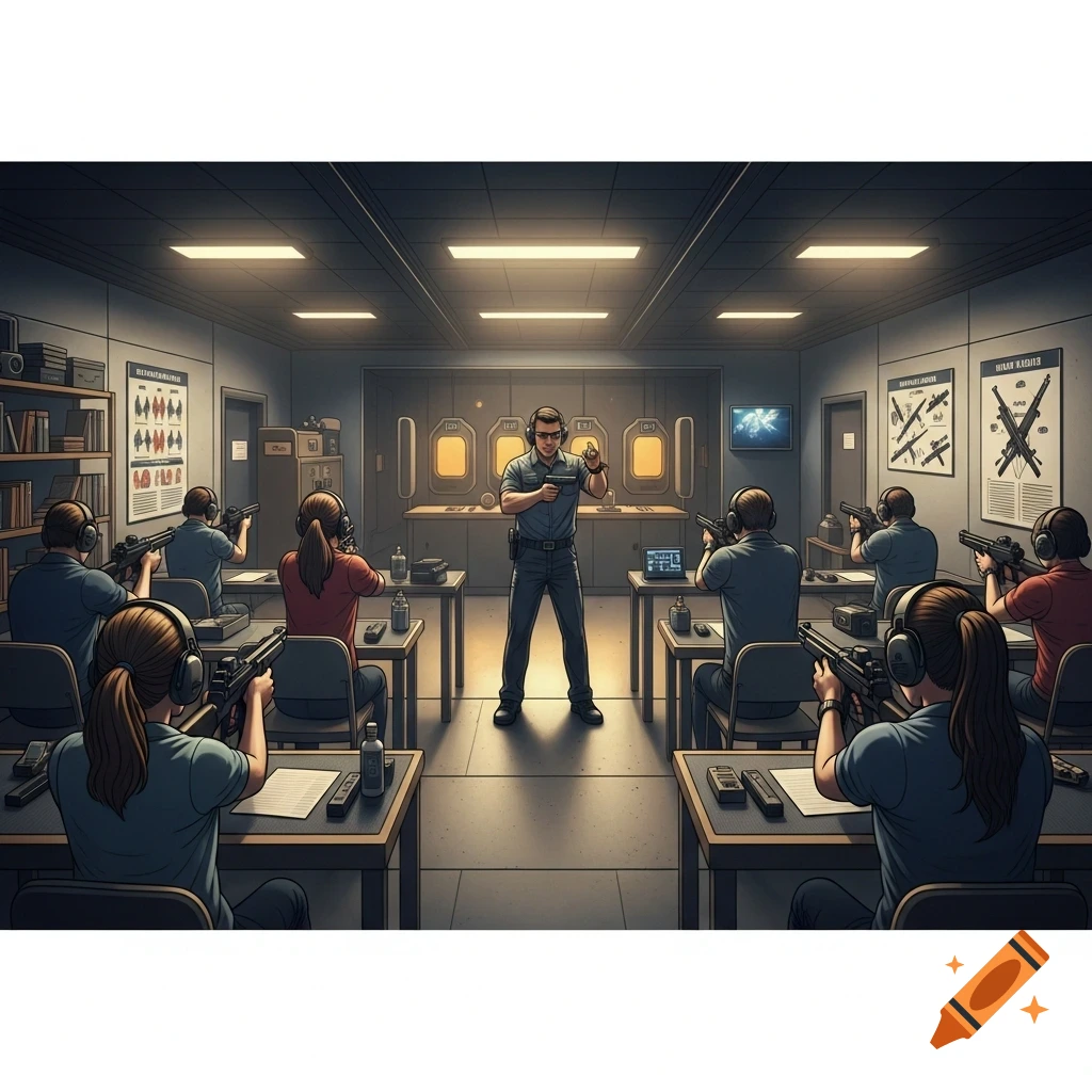 An instructor demonstrates firearm safety to a class of students holding rifles and handguns in an indoor shooting range.