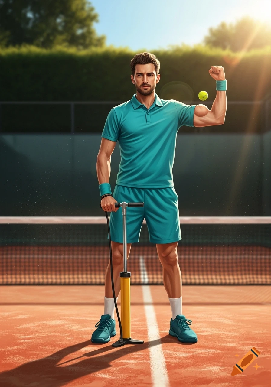 A muscular man in a turquoise tennis outfit stands on a clay court, holding a bike pump and flexing his arm with a tennis ball floating nearby under a sunny sky.
