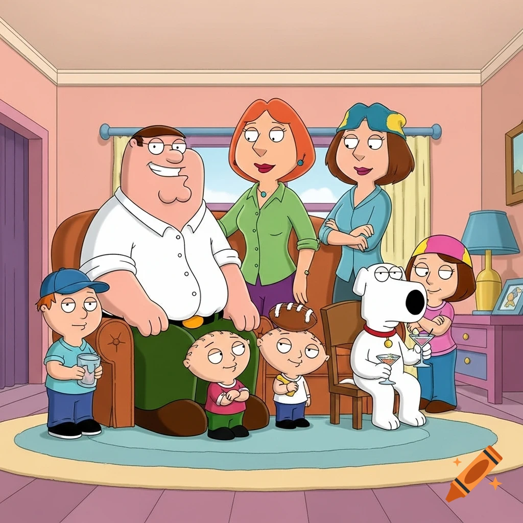 The Family Guy characters, including Peter, Lois, Chris, Meg, Stewie, and Brian, posing in their living room.