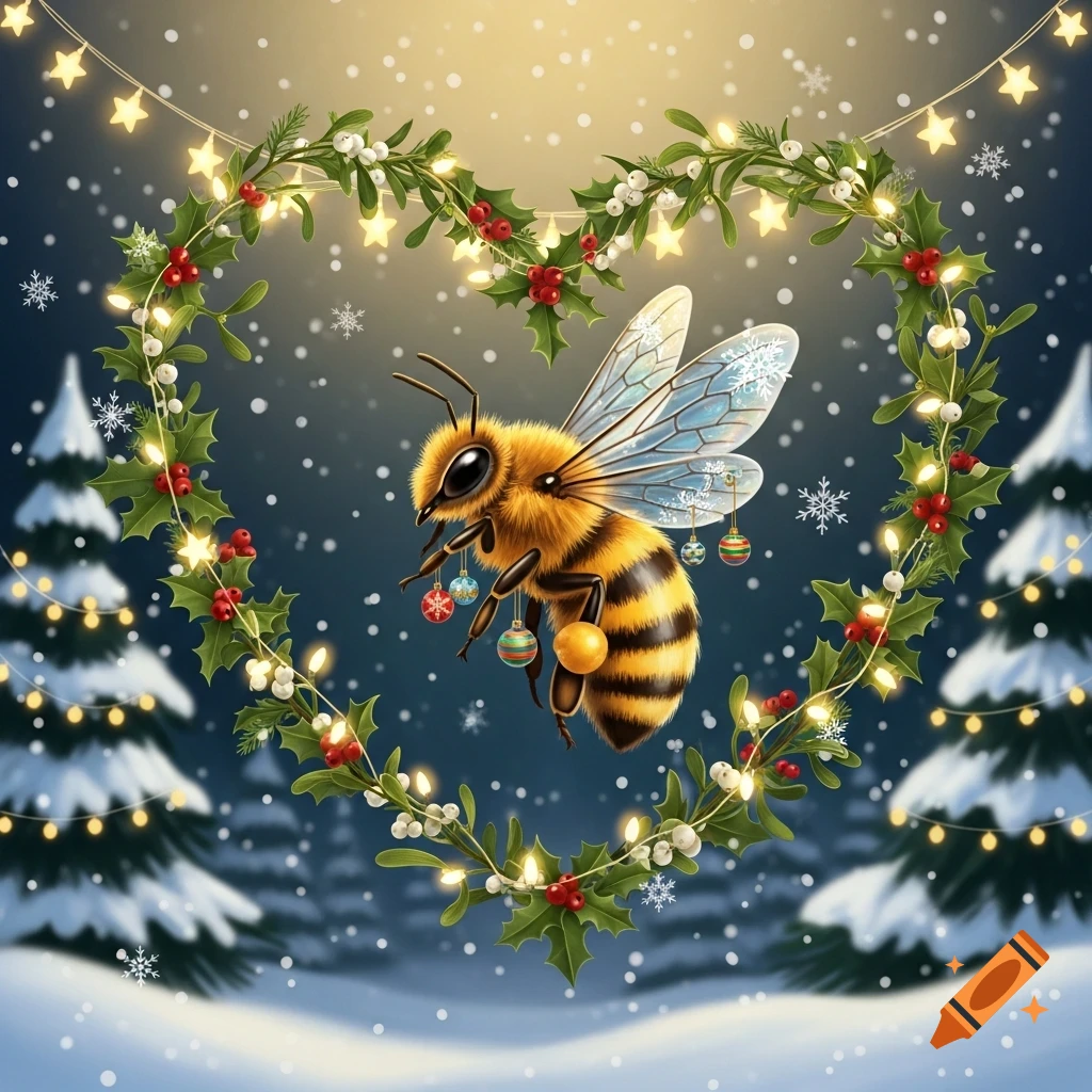 A fluffy bee carrying Christmas ornaments flies in a heart-shaped festive wreath over a snowy winter scene.