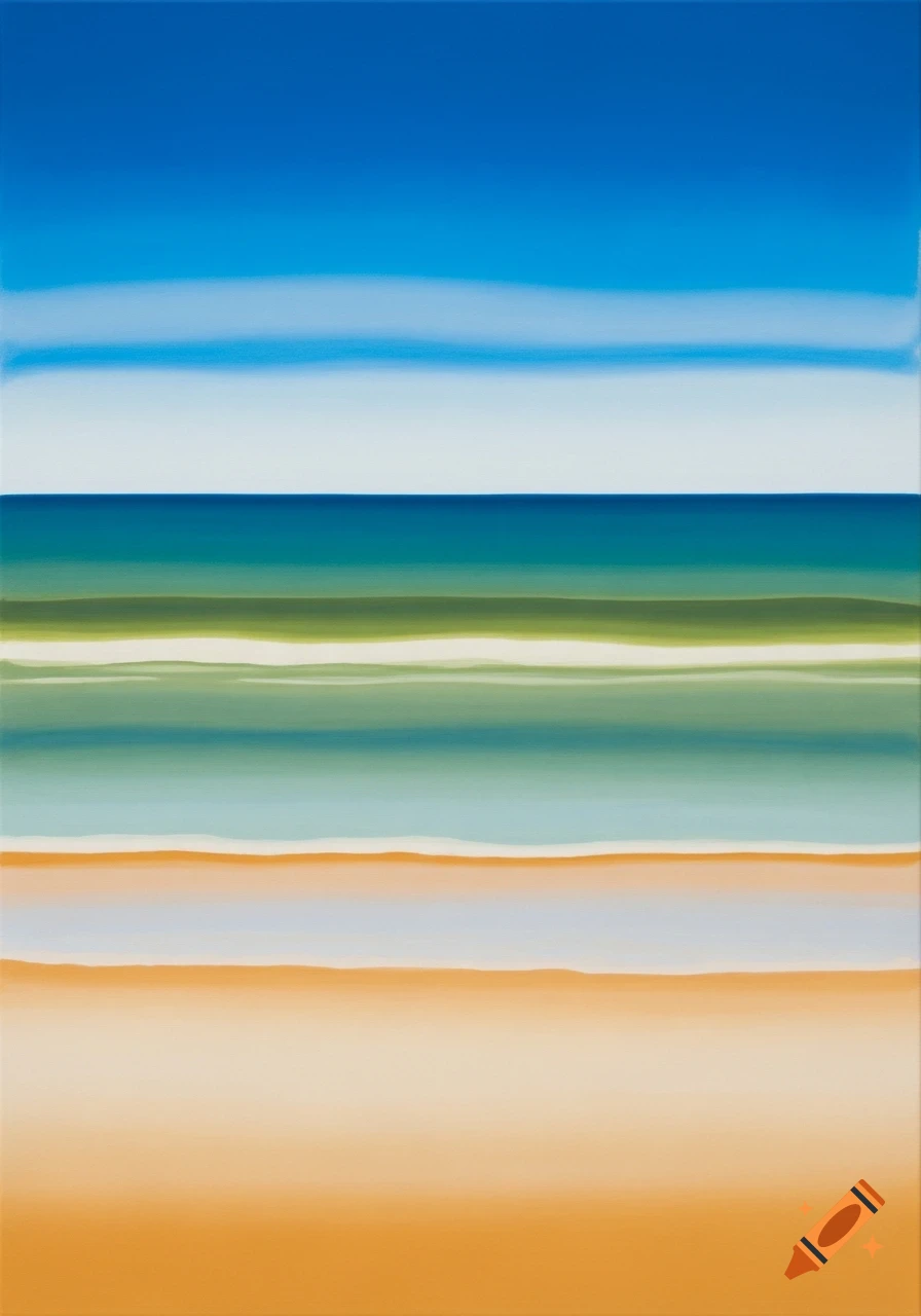 Abstract painting in the style of Mark Rothko, with horizontal bands of blue sky, green-blue ocean, and orange sand.