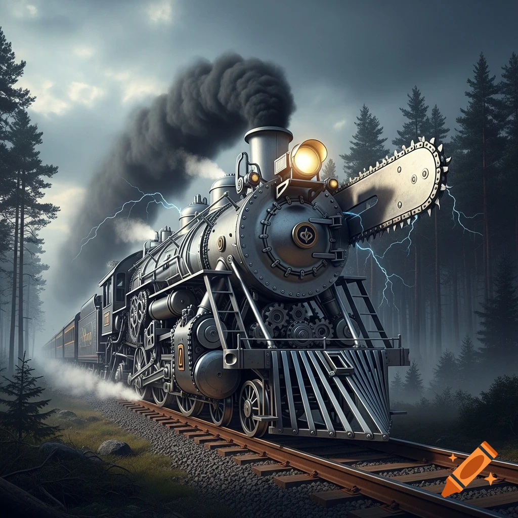 A photorealistic steampunk steam train with a chainsaw on its front travels through a dark, misty forest under a stormy sky.