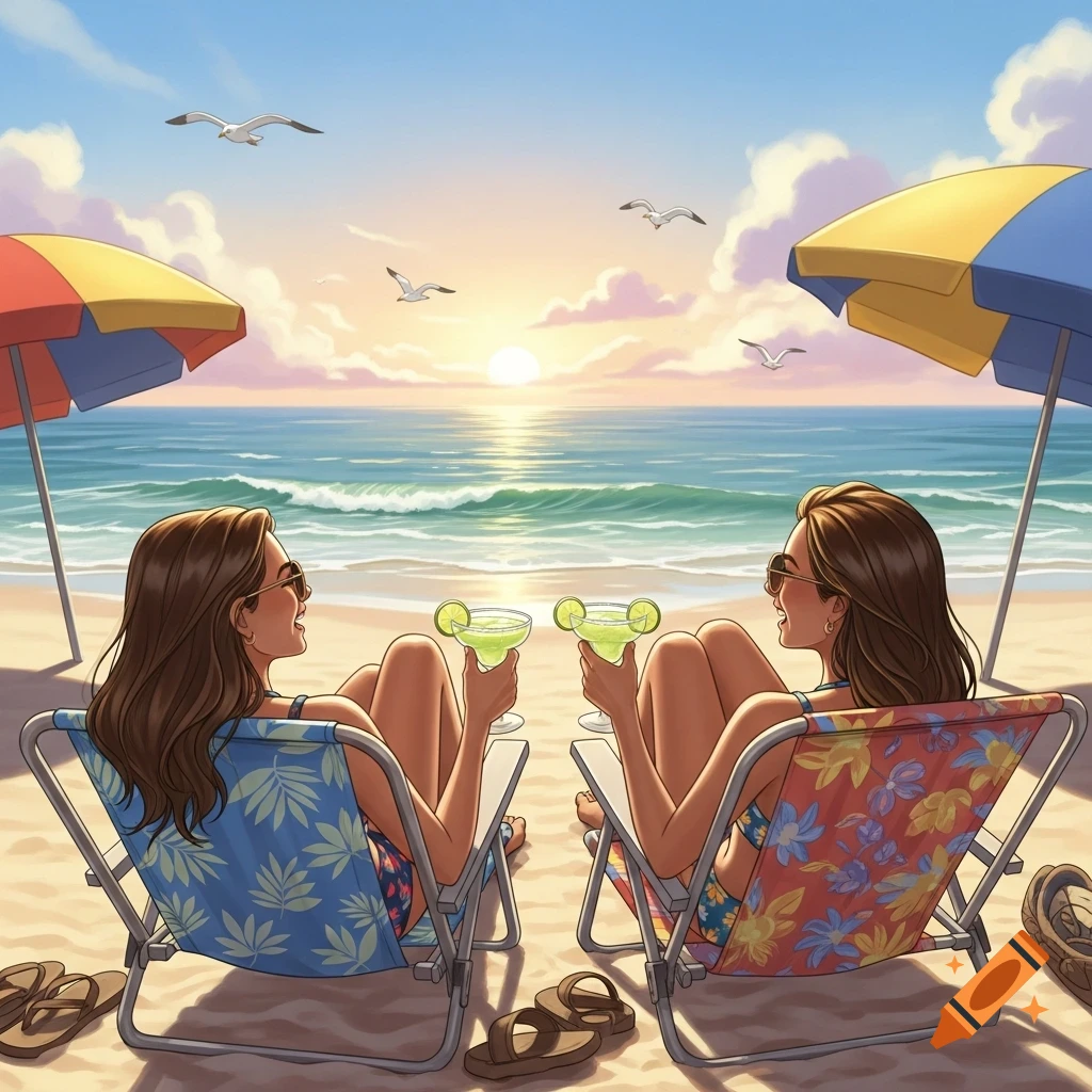 Two women in beach chairs drinking margaritas at sunset on a sandy beach with seagulls flying overhead, in an illustrated style.