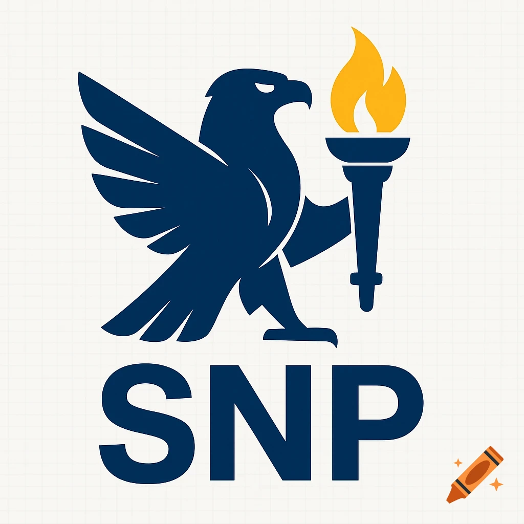 Blue eagle holding a yellow flaming torch, with 'SNP' text below, in a flat vector style.