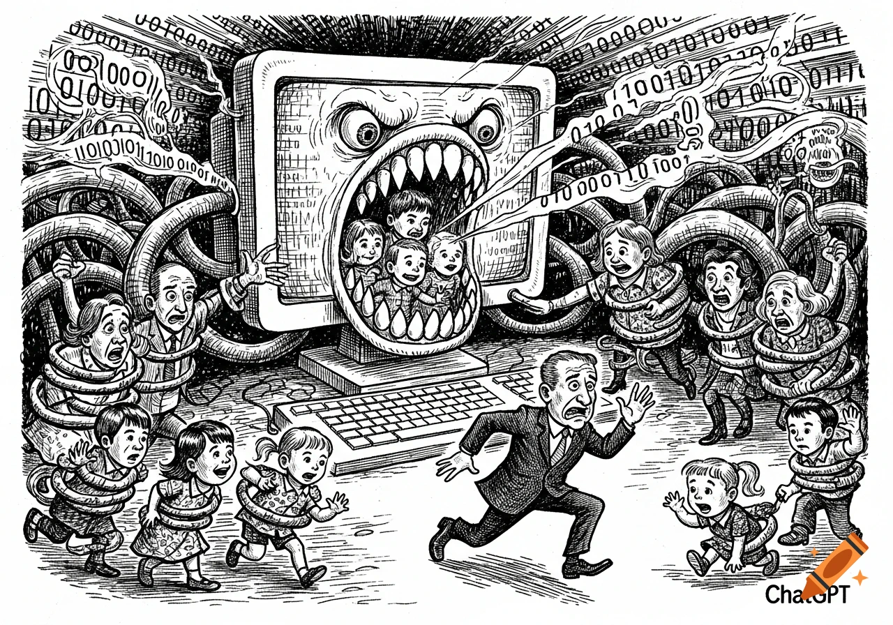 A monstrous computer screen devours people as a man runs away, in the style of an old newspaper political cartoon.
