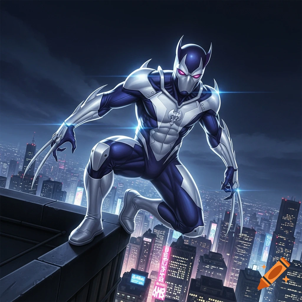 A superhero resembling the Prowler, in a blue and silver suit with red glowing eyes, crouches on a rooftop overlooking a futuristic city at night.