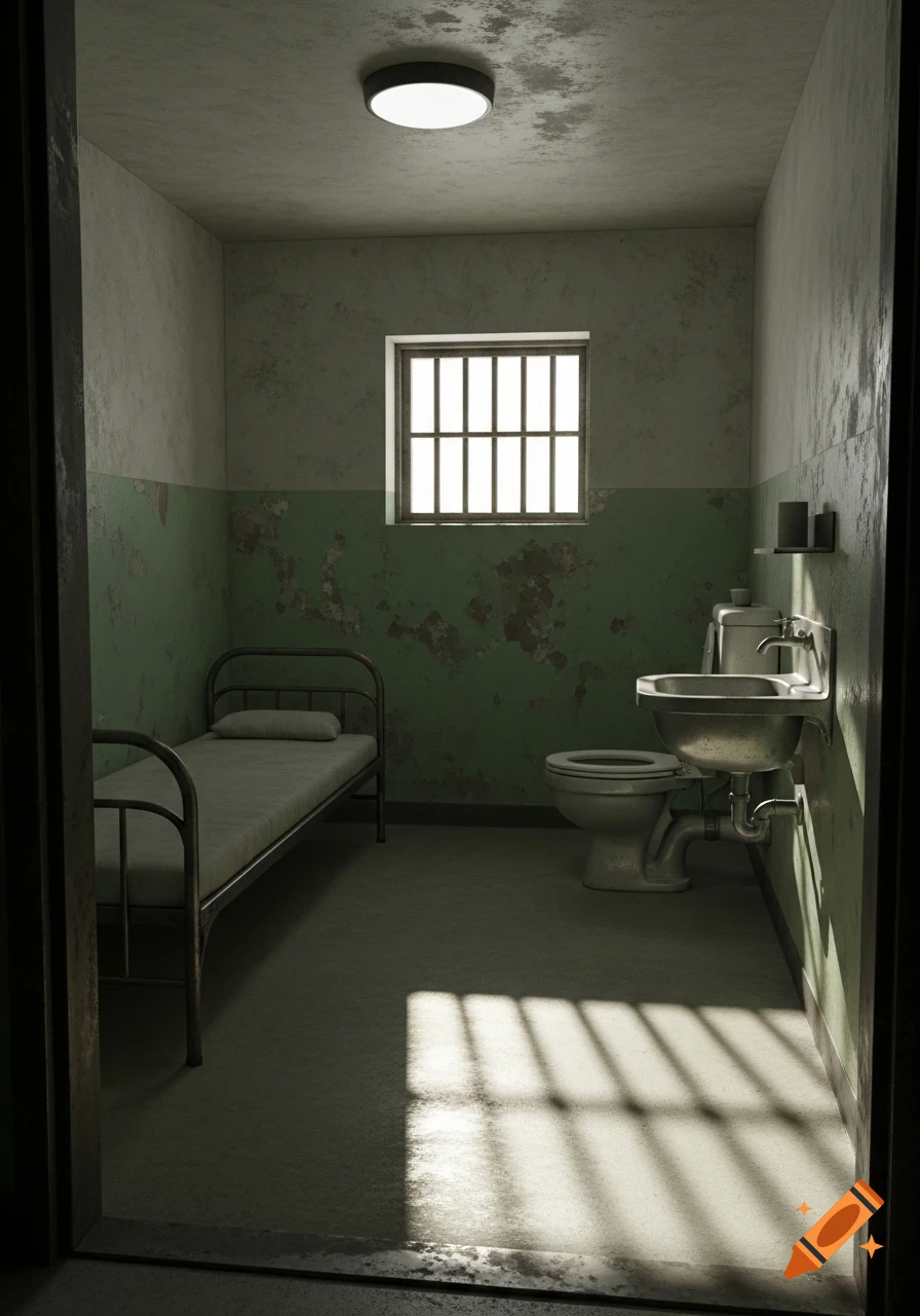 A photorealistic image of a desolate prison cell with a single bed, toilet, and sink. Sunlight streams through a barred window.