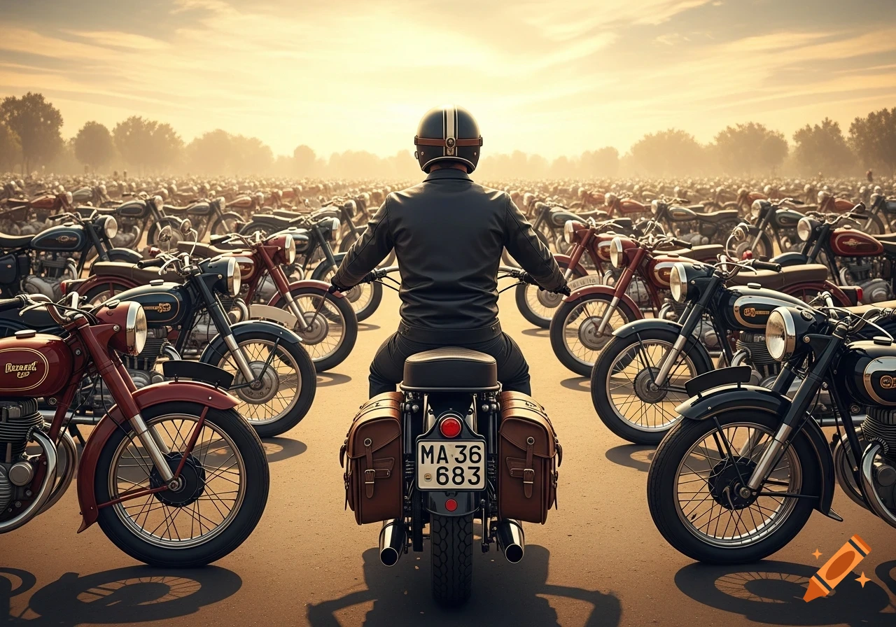 A biker on a vintage motorcycle, seen from behind, faces a vast gathering of classic motorcycles under a dramatic sky.