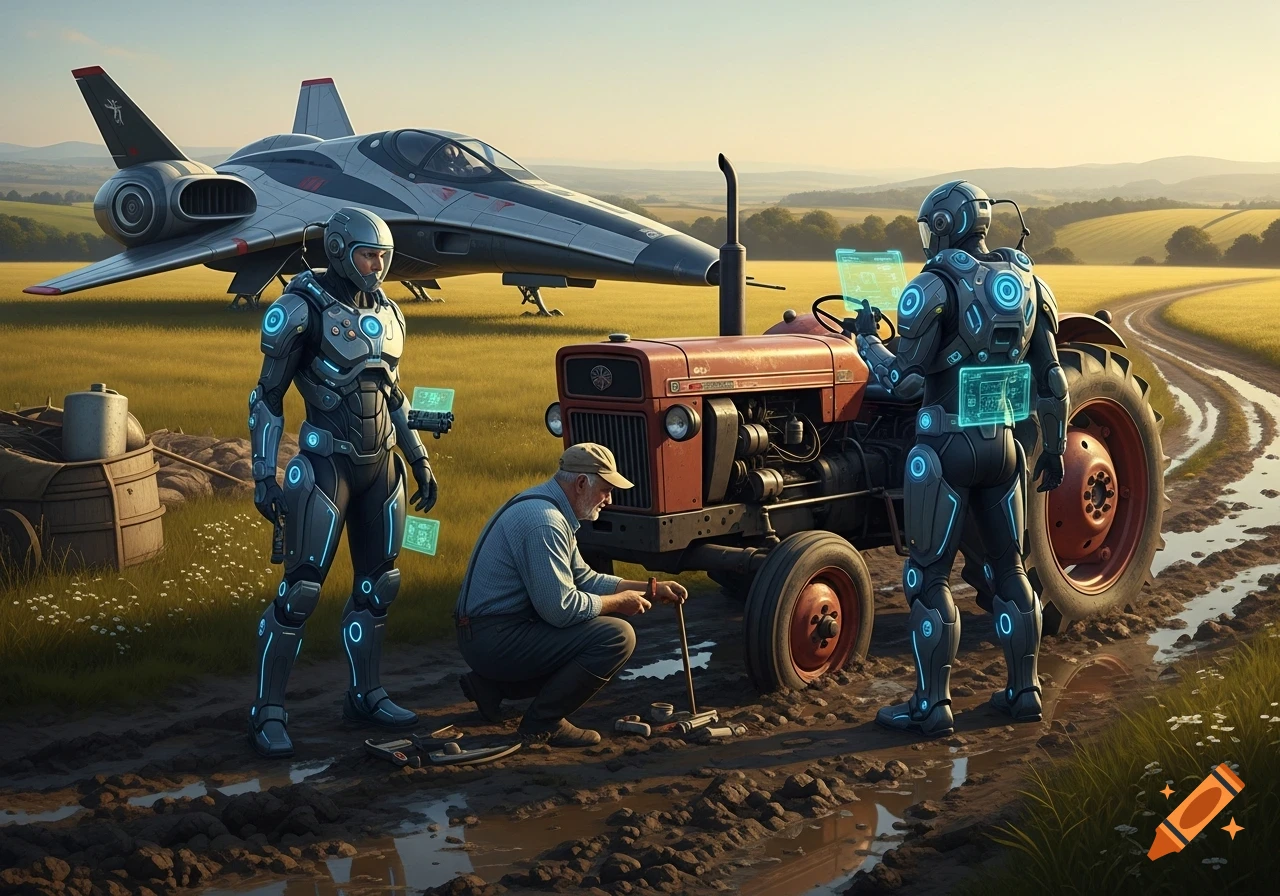 Two futuristic robots assist an older farmer with his broken-down tractor on a muddy path in a rural field, with a spaceship parked nearby under a golden hour sky.