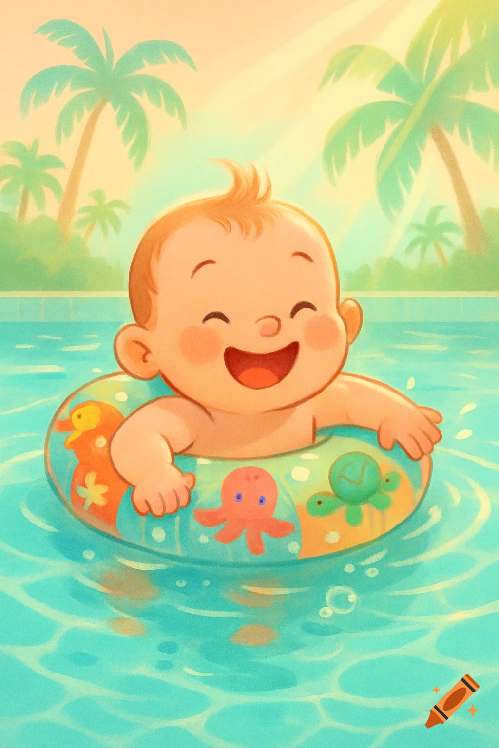 A happy cartoon baby with rosy cheeks floats in a swimming pool float decorated with sea animals, under a sunny sky with palm trees.