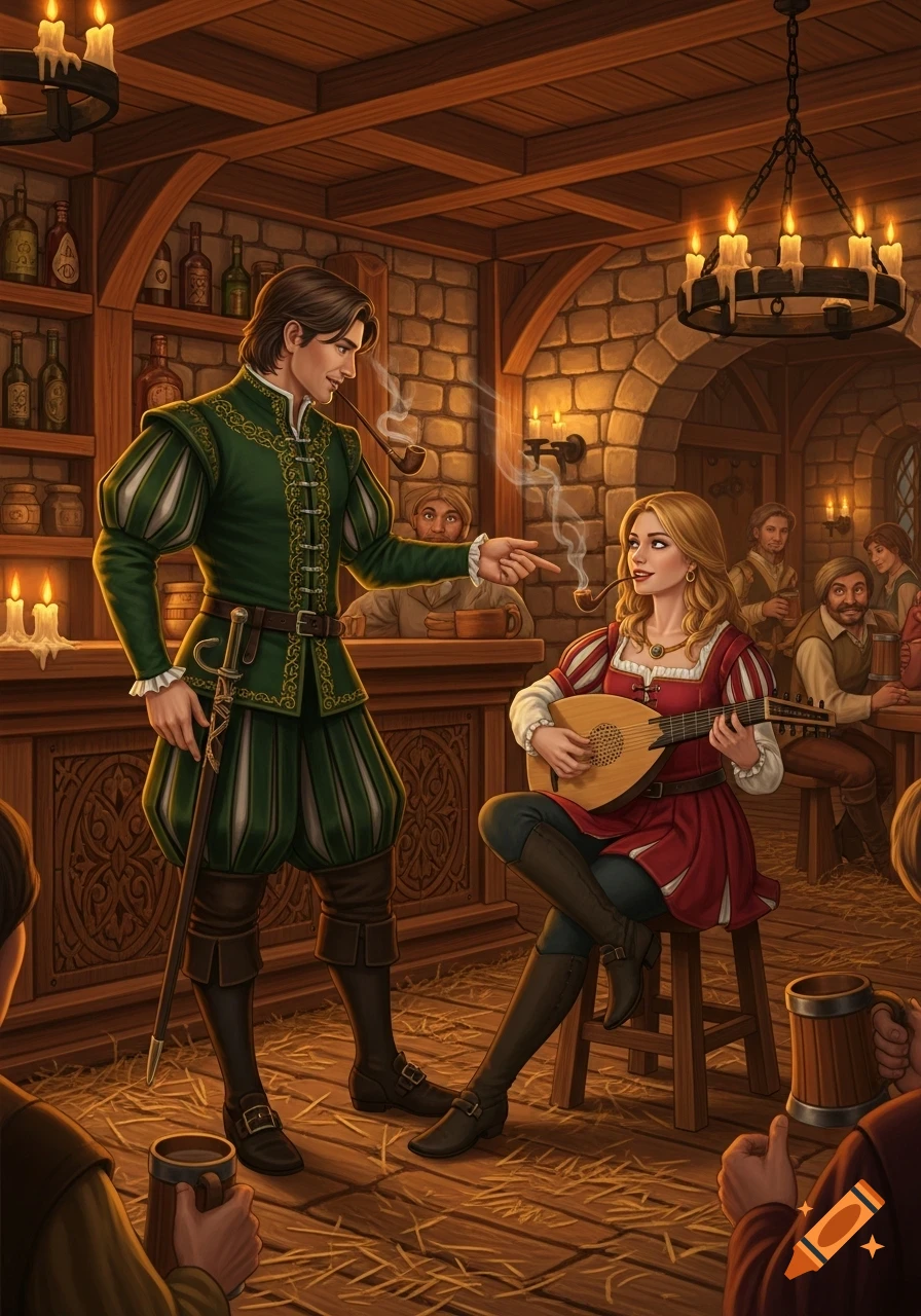 A man in green gestures to a woman in red playing a lute in a dimly lit medieval tavern, surrounded by other patrons. Digital painting.