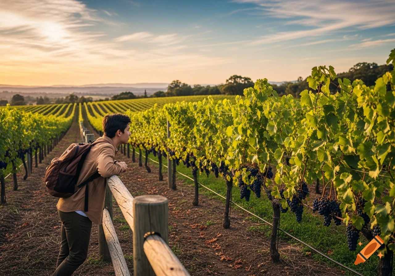 A person with a backpack leans on a fence, looking out over rows of grapevines in a sunlit vineyard.