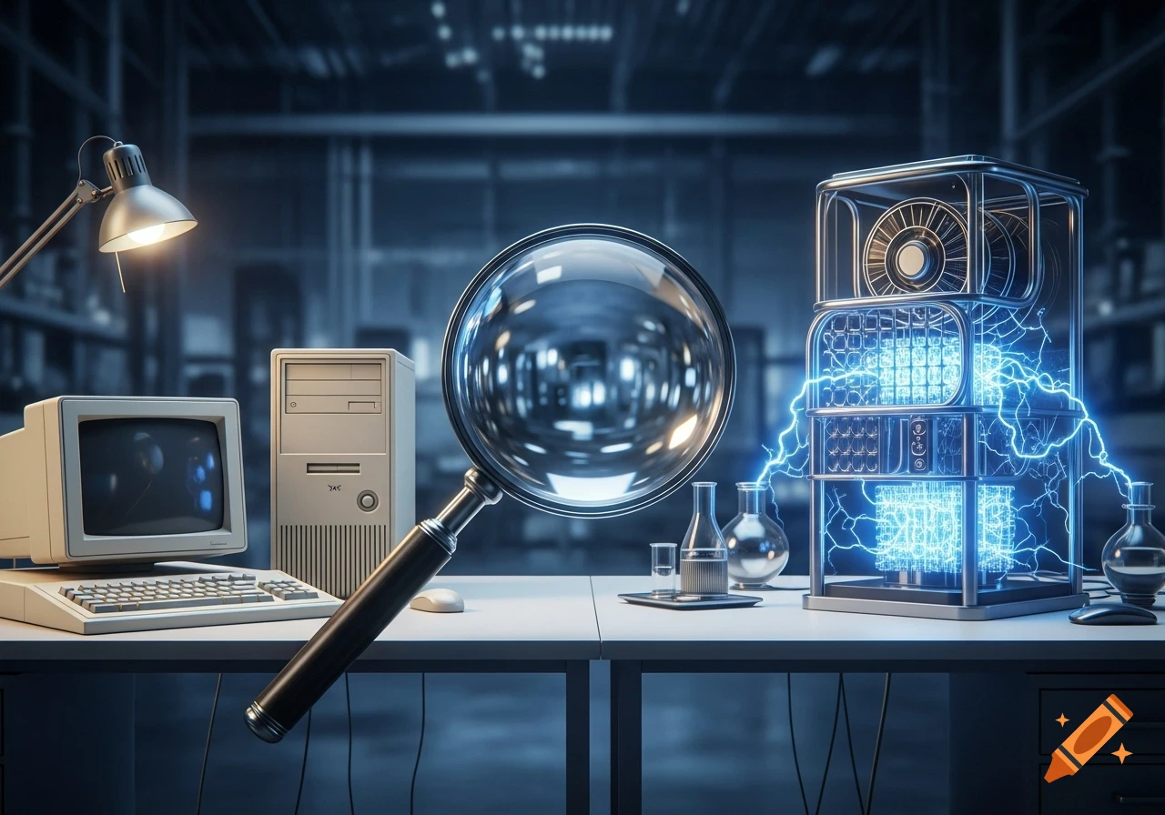 A vintage computer on the left, a magnifying glass in the center, and a glowing quantum computer with blue electricity on the right, all on a table in a dark, tech-filled room.