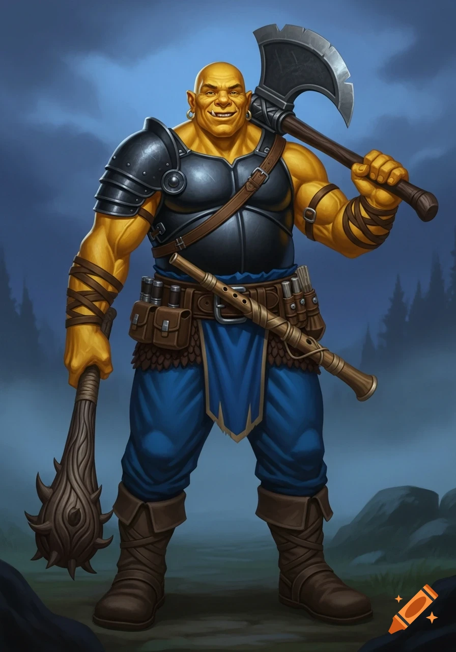 A muscular, golden-skinned Goliath in black armor and blue pants, holding a spiked club and great axe, with a flute, fantasy art.