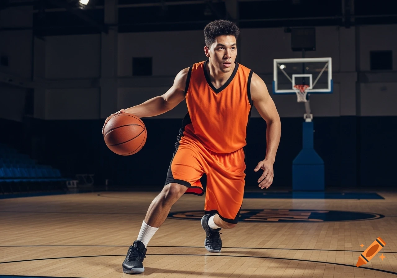 Ultra-realistic 8K photo of a man in an orange basketball uniform dribbling a basketball on an indoor court.