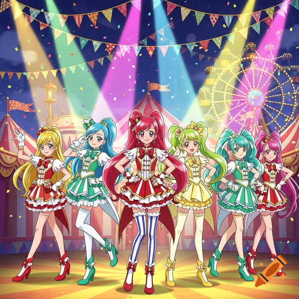 Six anime magical girls in colorful costumes pose on a stage with a vibrant circus background including tents, lights, and a Ferris wheel.