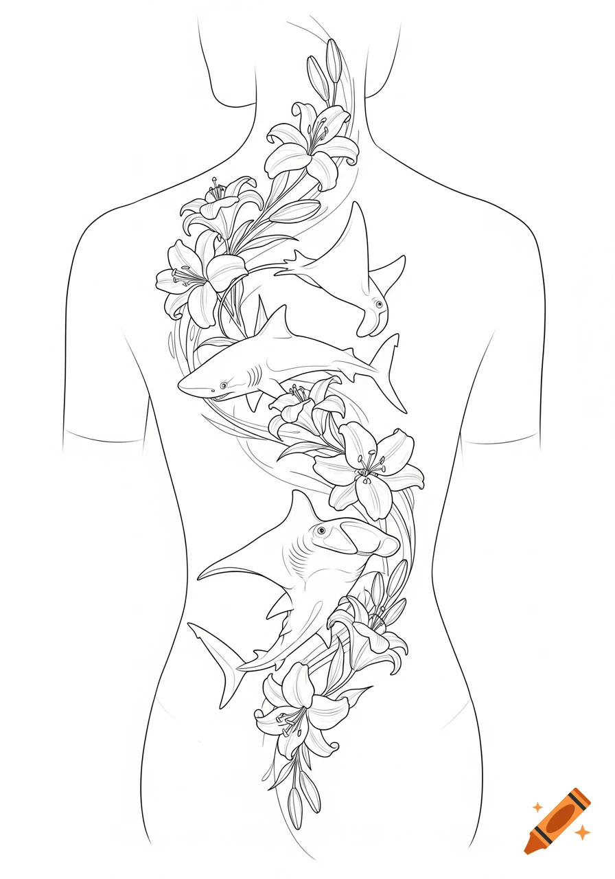 Fine line tattoo design on a person's back outline, featuring lilies, sharks, and manta rays arranged vertically along the spine.