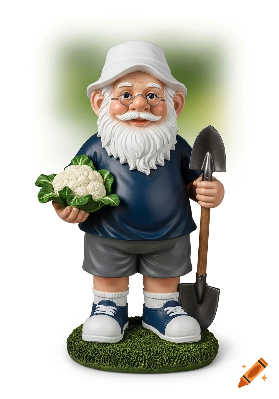 Hyper-realistic garden gnome figurine, elderly man with white beard, wearing a white hat, holding a cauliflower and a shovel, standing on a grass base.