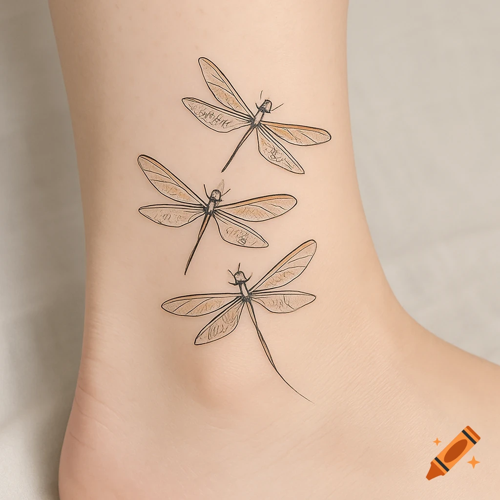 Three stylized dragonfly tattoos with delicate wings on an ankle, depicted in a minimalist style.