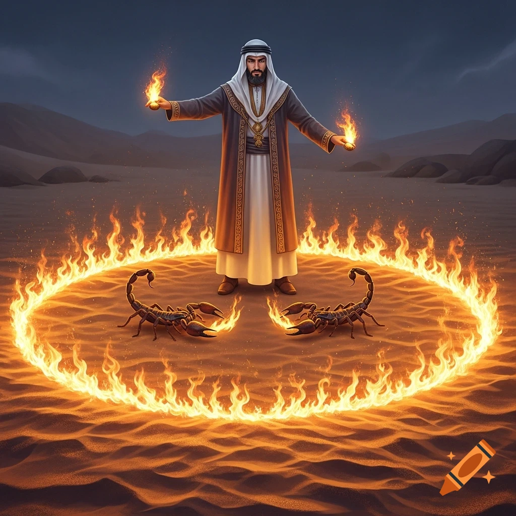A bearded Middle Eastern man in a robe stands in a desert within a ring of fire, holding flames, with two scorpions nearby.