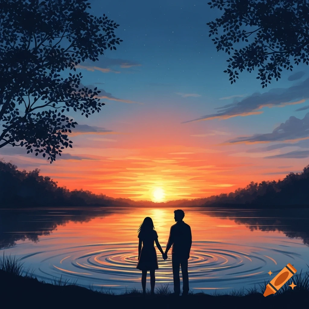 Silhouette of a couple holding hands by a lake, watching a vibrant sunset with trees framing the scene.