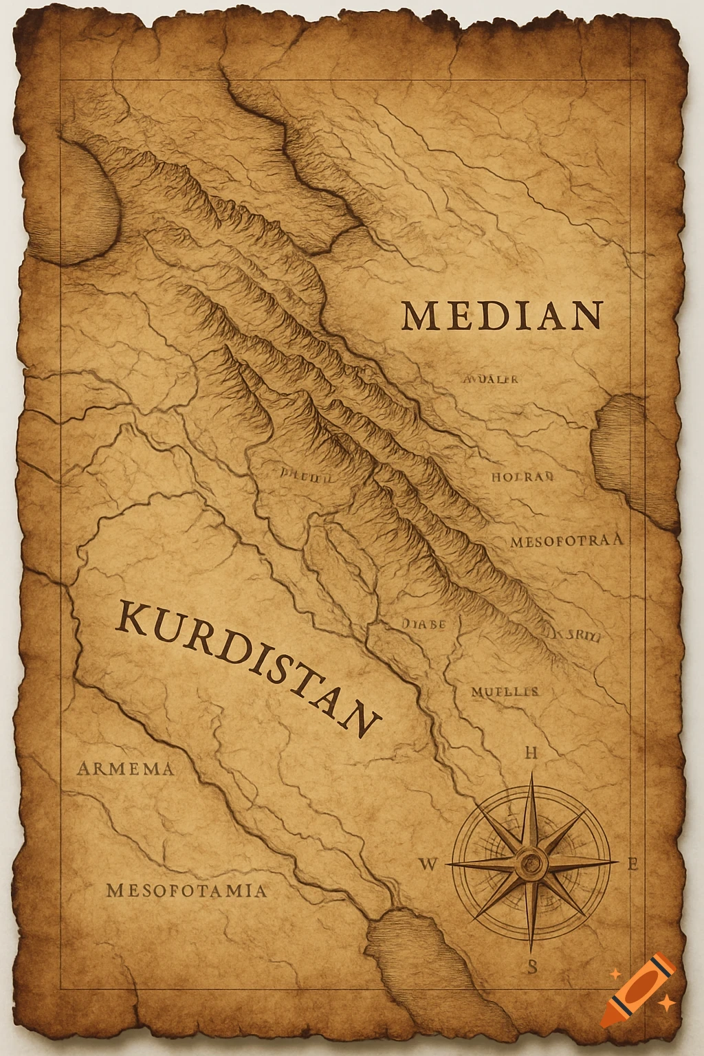 An ancient-style parchment map showing the Median Empire and Kurdistan regions, with mountains and a compass rose.