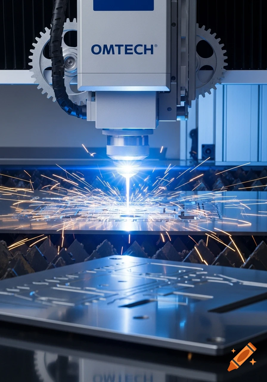 A close-up shot of an OMTECH laser cutting machine working on a metal sheet, with bright blue laser light and sparks flying.