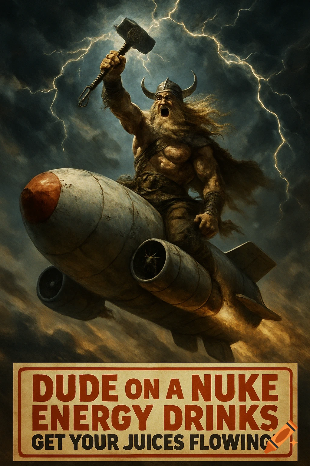 A muscular viking warrior with a hammer rides a nuclear missile through a stormy, lightning-filled sky, with a retro ad banner.