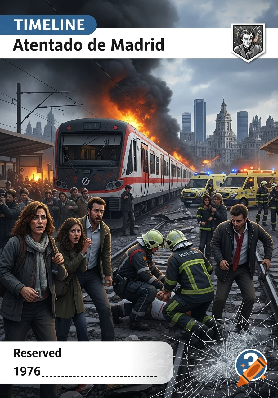 A dramatic scene depicts a train on fire with thick black smoke, people fleeing in panic, and emergency services aiding the injured on train tracks in a city. Text labels read "TIMELINE", "Atentado de Madrid", "Reserved", and "1976".
