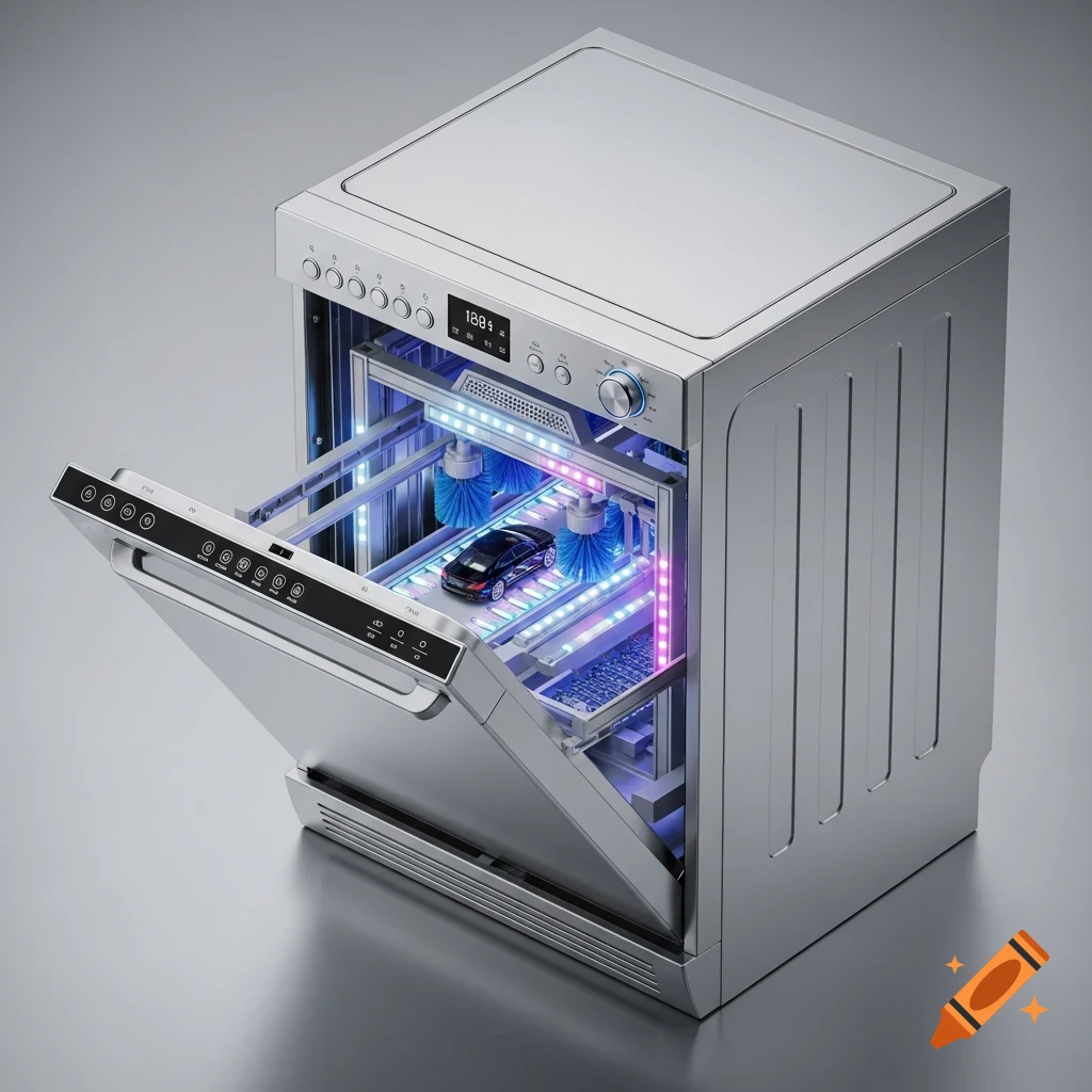 A futuristic, polished stainless steel dishwasher with its door open, revealing a miniature car wash with a toy car inside, lit by blue and pink LEDs.