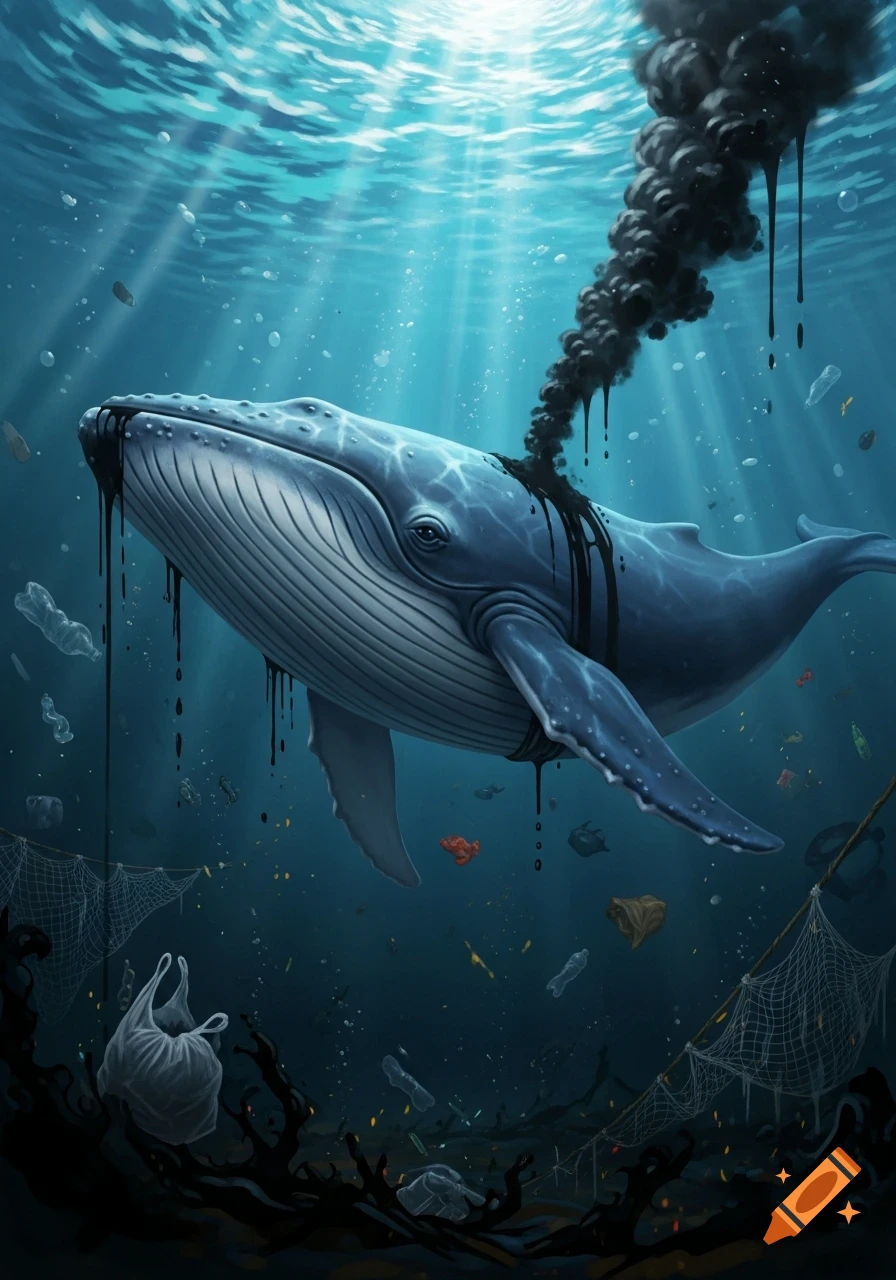 A blue whale swims in a polluted ocean, covered in black oil spewing from its blowhole, surrounded by plastic waste and fishing nets.