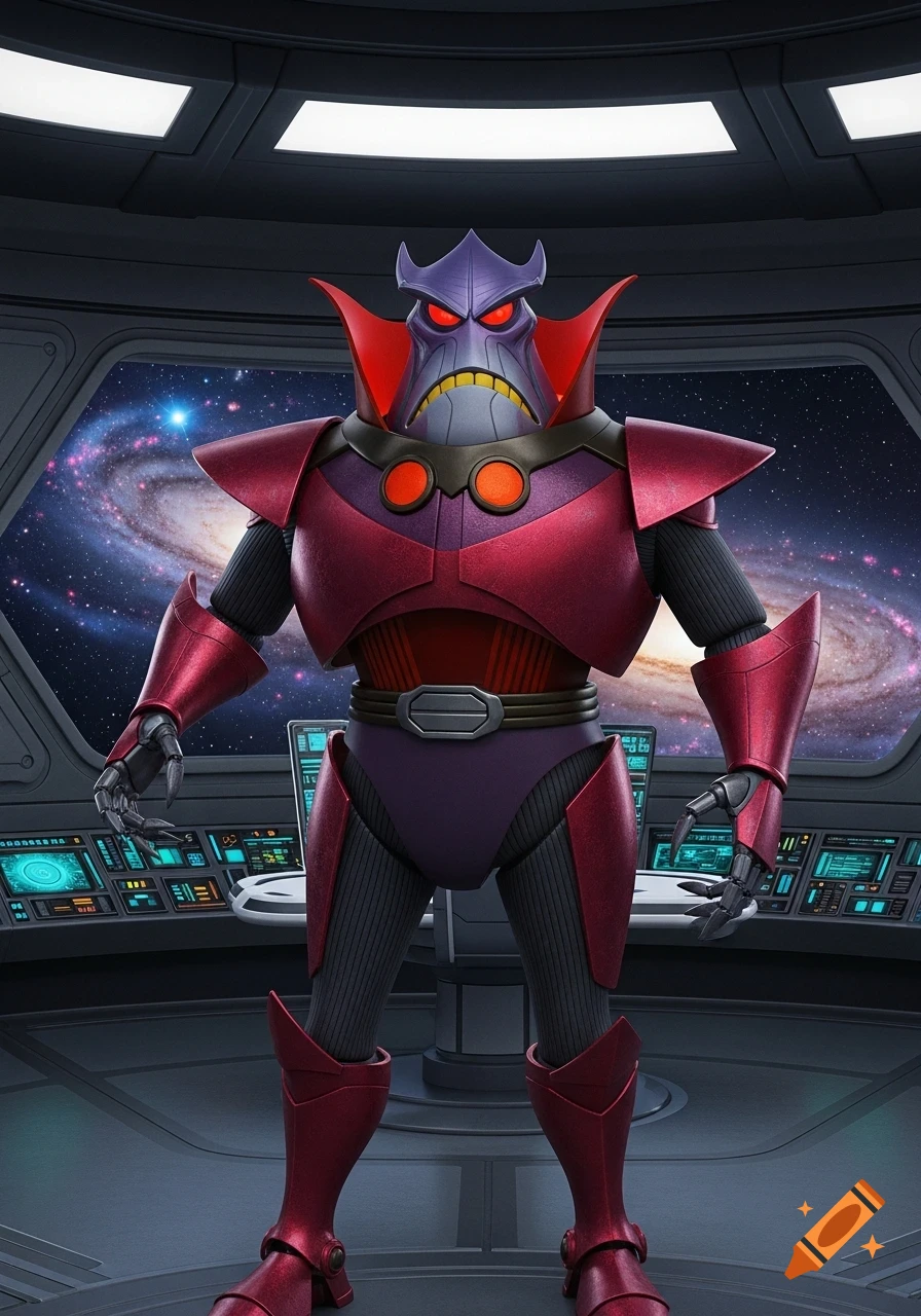 Photorealistic CGI rendering of Zurg from Toy Story, standing menacingly in a spaceship cockpit with a galaxy visible outside.
