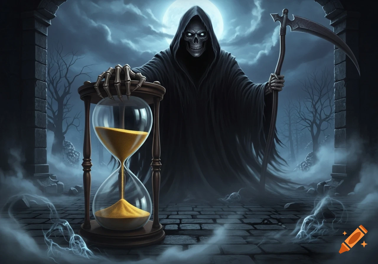 Grim Reaper with glowing eyes holds a scythe, standing behind a large hourglass in a misty, gothic setting under a full moon.