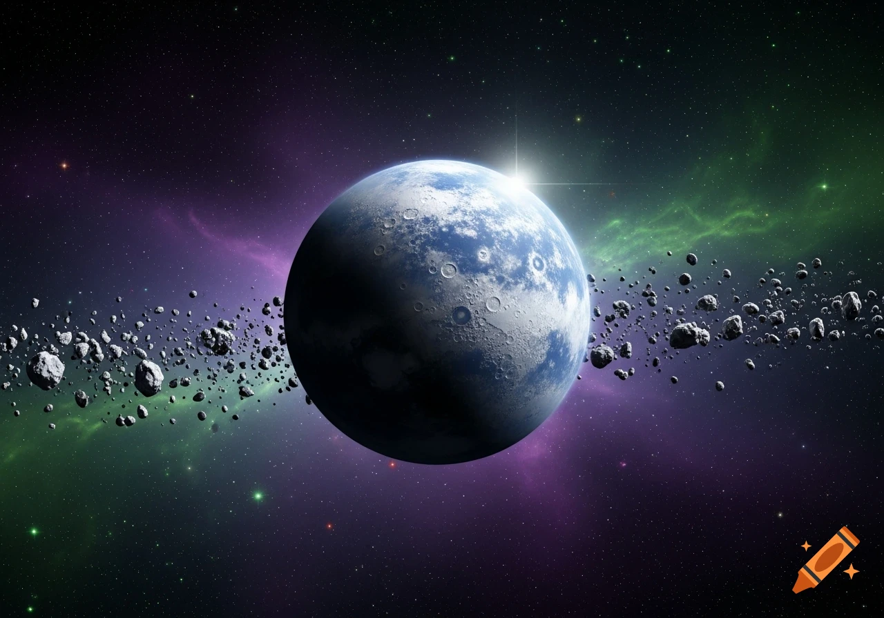 A blue and white planet with craters is surrounded by a ring of asteroids in deep space with purple and green nebulae.