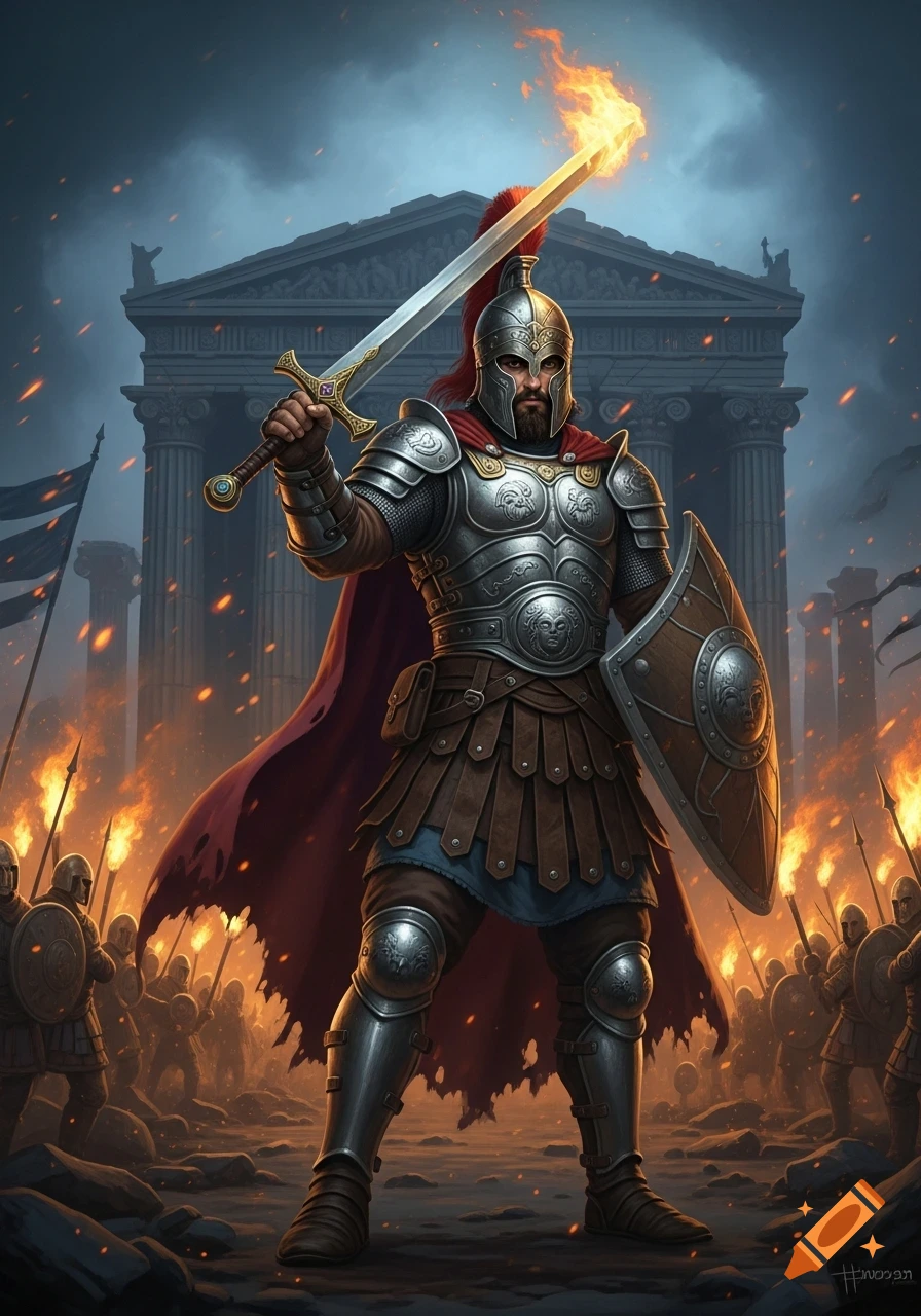A heavily armored warrior with a flaming sword and shield stands before an ancient temple amidst a fiery battle scene.