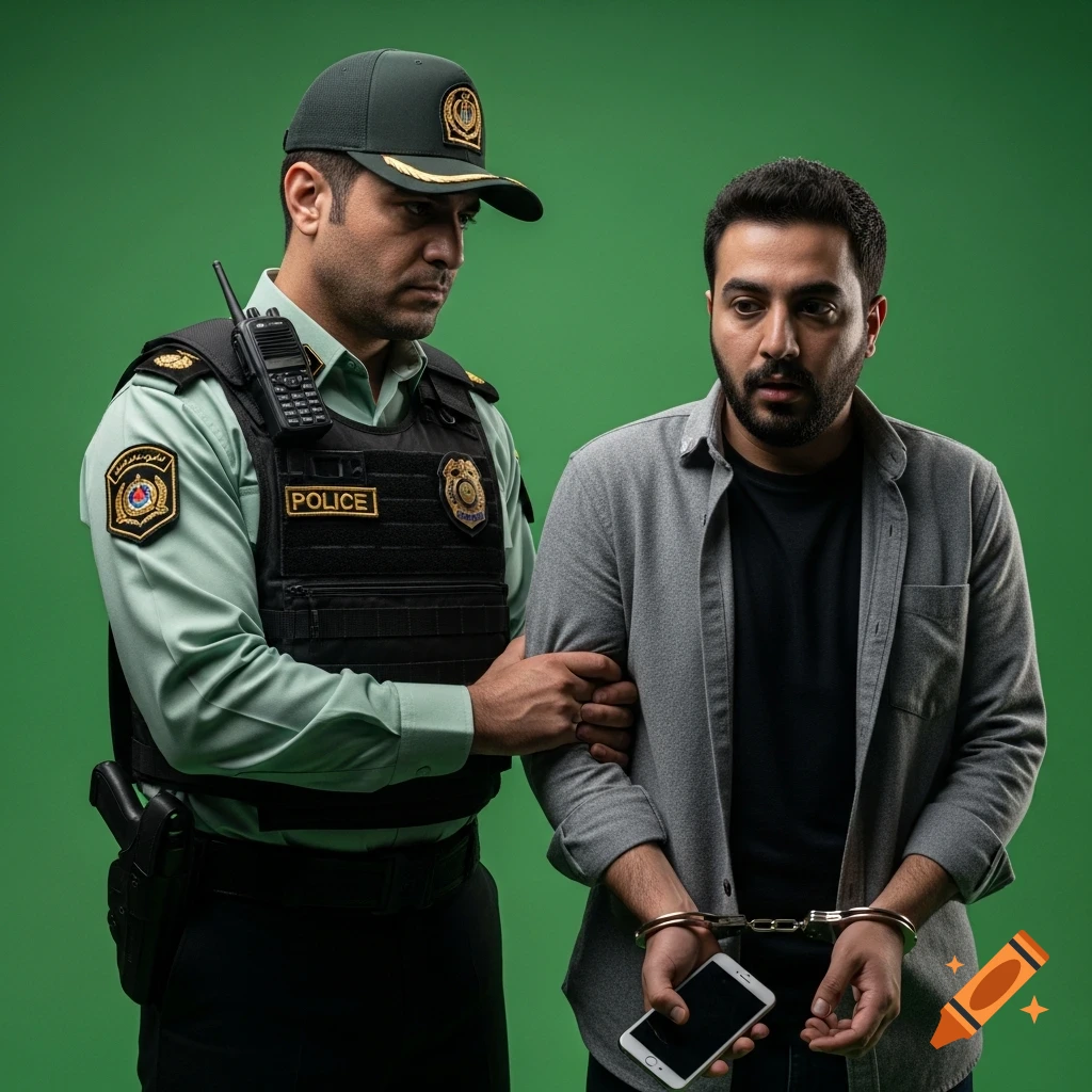 A photorealistic image of an Iranian police officer in green uniform and tactical vest, arresting a man in a grey shirt and black t-shirt, who is handcuffed and holding an iPhone, against a green screen background.