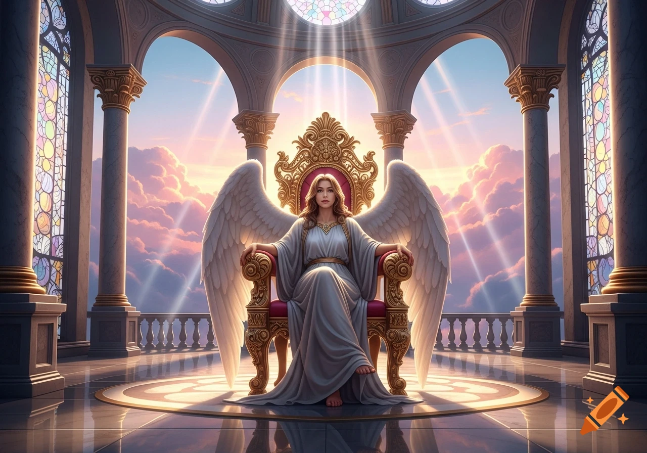 A majestic female angel with large white wings sits on a golden throne in a grand, arched hall above sunset clouds.
